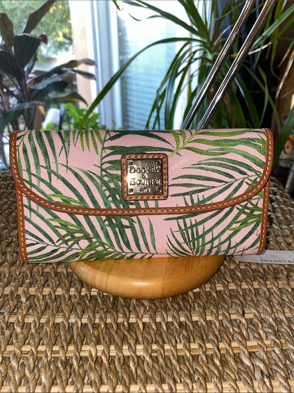Dooney & Bourke Pink Wallet with Green Palm Print and Tan Trim
